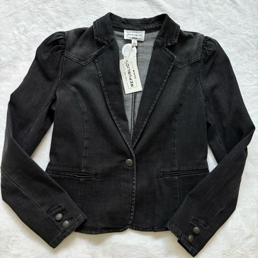 FOR THE REPUBLIC Black Long Sleeve Single-Button Tailored Denim Jacket--NWT--S